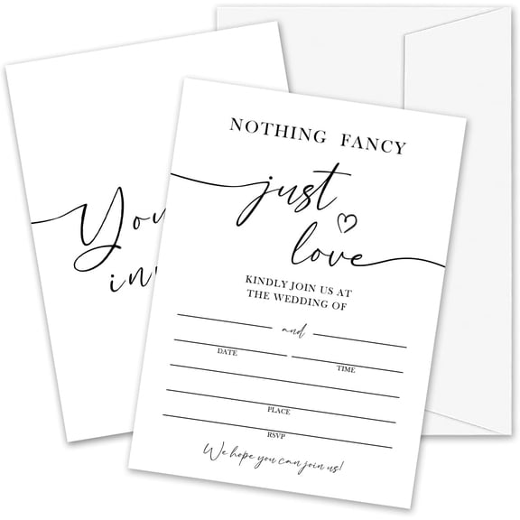 Minimalism White Wedding Invitations, 5"x 7" Nothing Fancy Just Love Wedding Invites Card With Envelopes, 25 PCS for Party Decorations and Supplies - A10