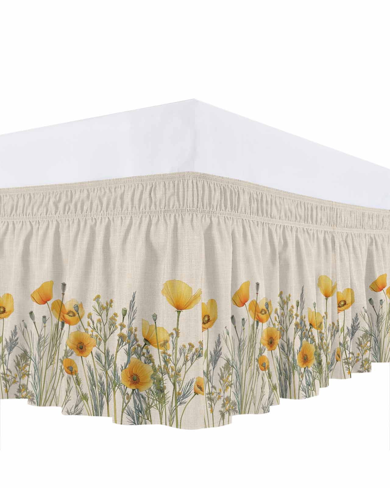 Minimalism Yellow Floral Bed Skirt Queen Size 18" Drop Watercolor Plants Linen Background Ruffled Wrap Around Bed Skirts Adjustable Elastic Bedskirt Dust Ruffle for Queen Size Bed