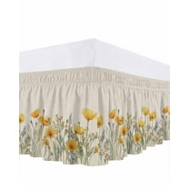 Minimalism Yellow Floral Bed Skirt Queen Size 18" Drop Watercolor Plants Linen Background Ruffled Wrap Around Bed Skirts Adjustable Elastic Bedskirt Dust Ruffle for Queen Size Bed