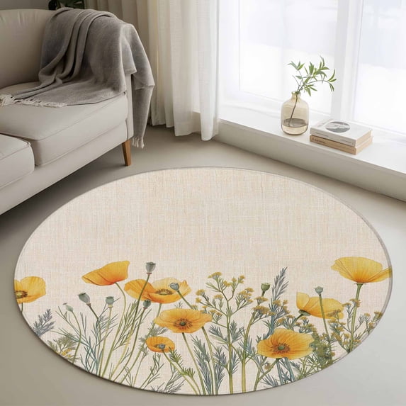 Minimalism Yellow Floral Round Rugs for Living Room 4ft Watercolor Plants Linen Background Non Slip Circle Rug Washable Low-Profile Indoor Carpet for Bedroom, Dining Room, Bathroom