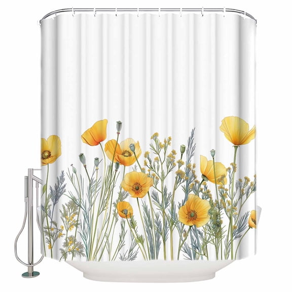 Minimalism Yellow Floral Shower Curtain, 66" x 72", Watercolor Plants White Background Waterproof Bathroom Curtain Washable Shower Curtain Set with 12 Hooks