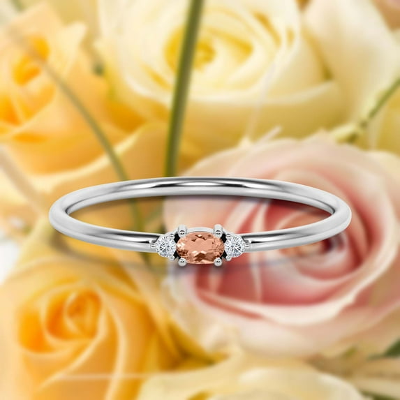 Minimalist 0.65 Carat Slim Oval Cut Morganite And Diamond Moissanite Fairy Engagement Ring, Dainty Wedding Ring in 10k Solid Rose Gold, Festival Affordable Gift, Promise Ring, Anniversary Ring