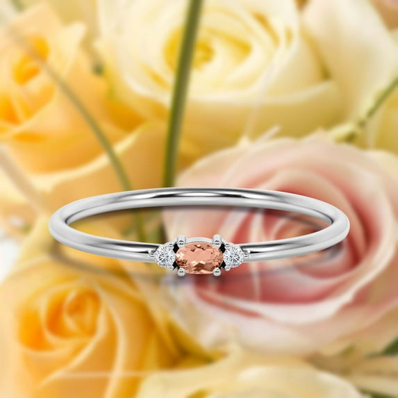 Minimalist 0.65 Carat Slim Oval Cut Morganite And Diamond Moissanite Fairy Engagement Ring, Dainty Wedding Ring in 925 Sterling Silver With 18k White Gold Plating, Festival Affordable Gift, Holiday