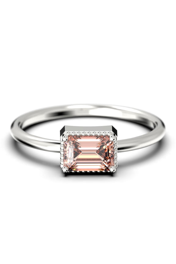 Minimalist 1.00 Carat Emerald Cut Morganite And Diamond Moissanite Engagement Ring, Wedding Ring In 10K Solid White Gold, Gift For Her, Promise Ring, Anniversary Ring