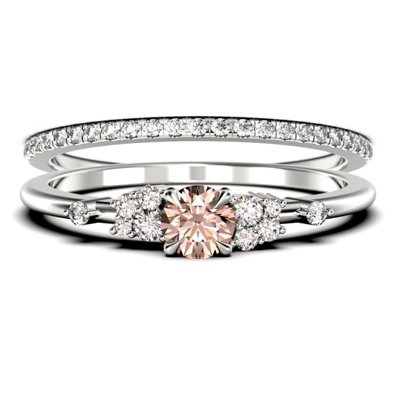 Minimalist 1.25 Carat Round Cut Morganite And Diamond Moissanite Engagement Ring, Wedding Ring in 925 Sterling Silver With White Gold Plating Promise Ring, Anniversary Ring, Bridal Set, Matching Band