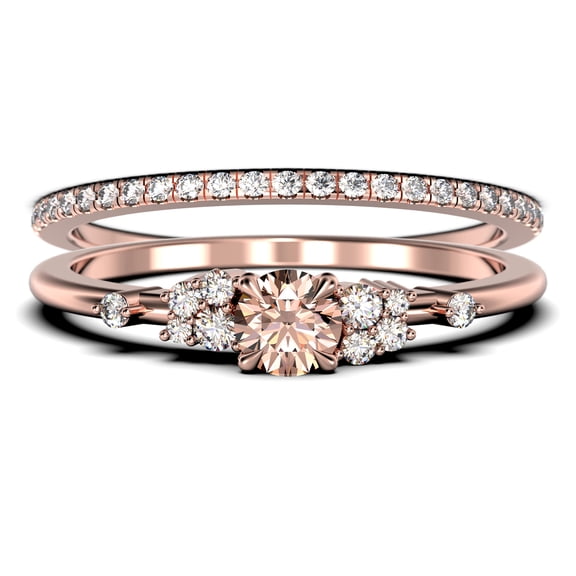 Minimalist 1.25 Carat Round Cut Morganite & Moissanite Bridal Set in 925 Sterling Silver with 18k Rose Gold Plating