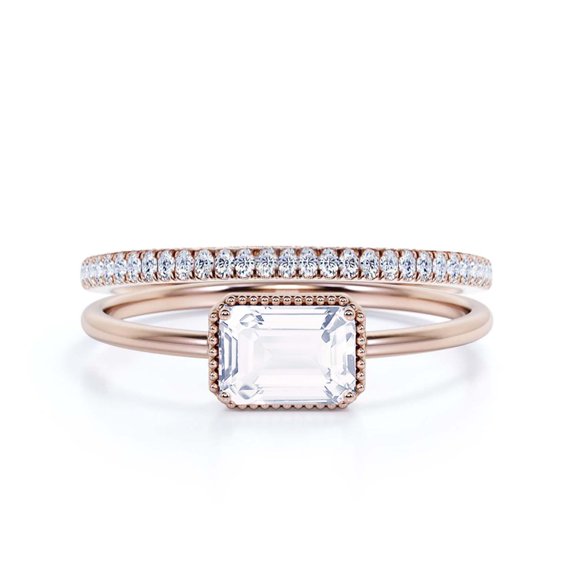 Minimalist 1.50 Carat Emerald Cut Diamond Moissanite Engagement Ring, Wedding Ring in 10k Solid Rose Gold, Gift For Her, Promise Ring, Anniversary Ring, Bridal Rings Set