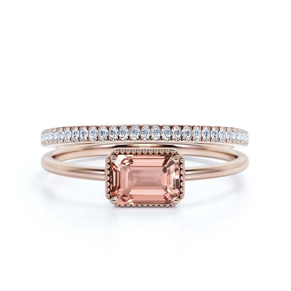 Minimalist 1.50 Carat Emerald Cut Morganite And Diamond Moissanite Engagement Ring, Wedding Ring in 10k Solid Rose Gold, Gift For Her, Promise Ring, Anniversary Ring, Bridal Rings Set