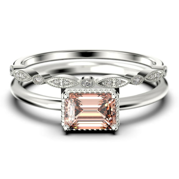 Minimalist 1.50 Carat Emerald Cut Morganite And Diamond Moissanite Engagement Ring, Wedding Ring in 10k Solid White Gold, Gift For Her, Promise Ring, Anniversary Ring, Bridal Rings Set