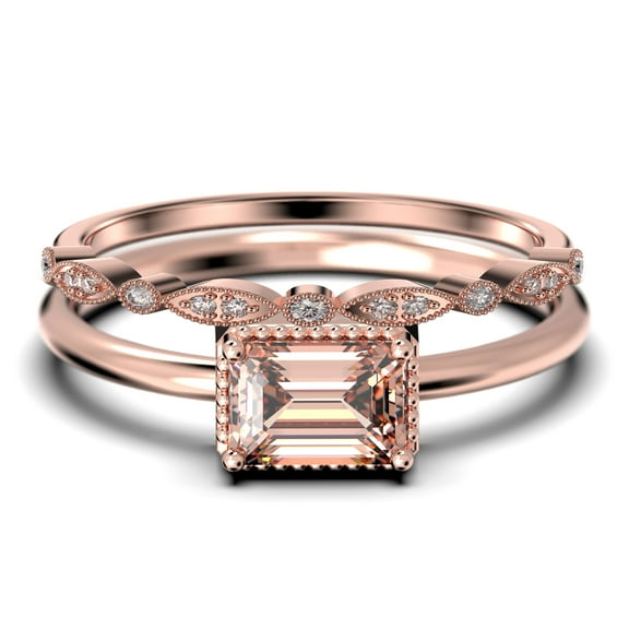 Minimalist 1.50 Carat Emerald Cut Morganite And Diamond Moissanite Engagement Ring, Wedding Ring in 925 Sterling Silver With 18k Rose Gold Plating, Promise Ring, Anniversary Ring, Bridal Rings Set