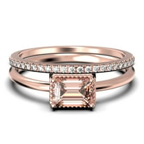 Minimalist 1.50 Carat Emerald Cut Morganite And Diamond Moissanite Engagement Ring, Wedding Ring in 925 Sterling Silver With 18k Rose Gold Plating, Promise Ring, Anniversary Ring, Bridal Rings Set