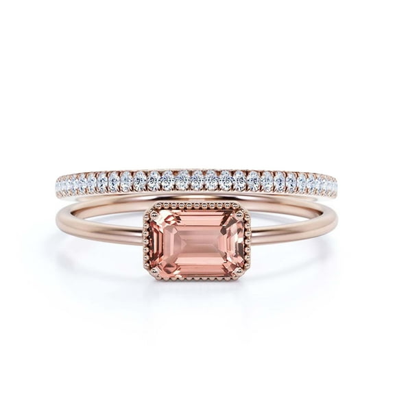 Minimalist 1.50 Carat Emerald Cut Morganite And Diamond Moissanite Engagement Ring, Wedding Ring In 925 Sterling Silver With 18K Rose Gold Plating, Promise Ring, Anniversary Ring, Bridal Rings Set