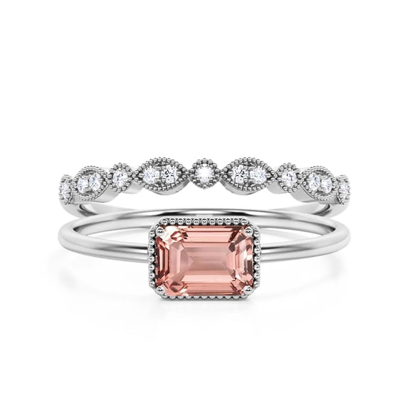 Minimalist 1.50 Carat Emerald Cut Morganite & Moissanite Bridal Set in 10k White Gold