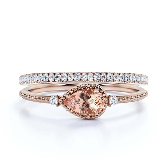 Minimalist 1.60 Carat Pear Cut Morganite And Diamond Moissanite Classic Engagement Ring, Modern Wedding Ring in 10k Solid Rose Gold, Promise Ring, Dainty Ring, Anniversary Ring, Bridal Rings Set
