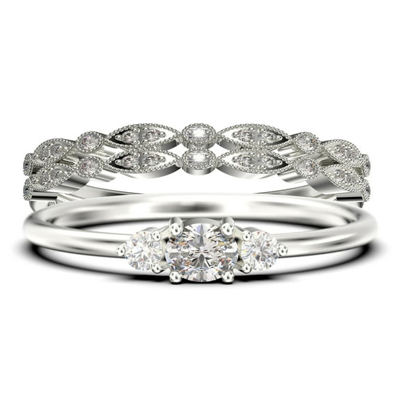 Minimalist 1.65 Carat Slim Oval Cut Diamond Moissanite Fairy Engagement Ring, Dainty Wedding Ring in 10k Solid White Gold, Affordable Gift, Promise Ring, Trio Set, Matching Band