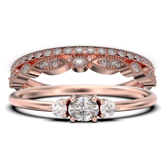 Trio 1.65 Carat Oval Cut Moissanite & Diamond Bridal Set in 925 Sterling Silver with 18k Rose Gold Plating