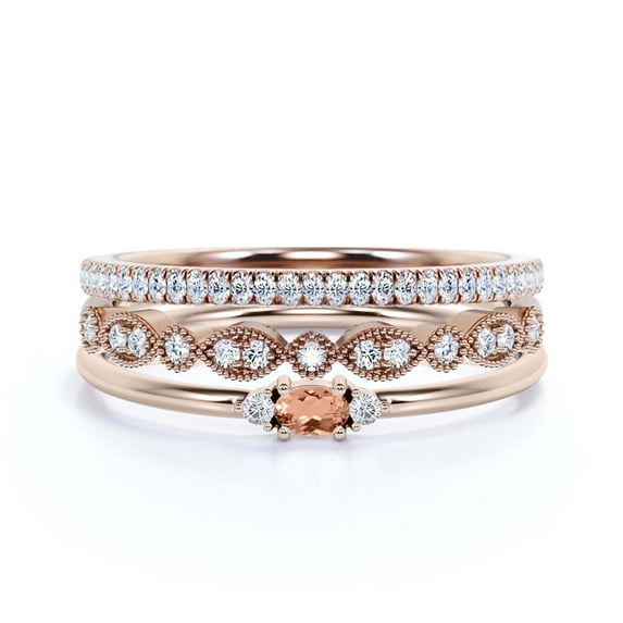 Minimalist 1.65 Carat Slim Oval Cut Morganite And Diamond Moissanite Fairy Engagement Ring, Dainty Wedding Ring in 925 Sterling Silver With 18k Rose Gold Plating, Festival Trio Set, Matching Band