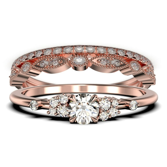 Minimalist 1.75 Carat Round Cut Diamond Moissanite Engagement Ring, Wedding Ring in 925 Sterling Silver With Rose Gold Plating Promise Ring, Anniversary Ring, Trio Set, Matching Band