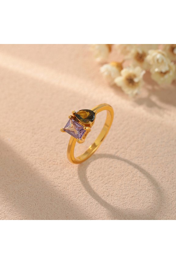 Minimalist 14K Gold - Plated Ring with Square & Teardrop Zircons(D)