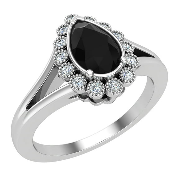 Minimalist 14K White Gold Engagement Ring Black Diamond Pear Shaped Center Bezel Halo 1.10 Carat Total Weight