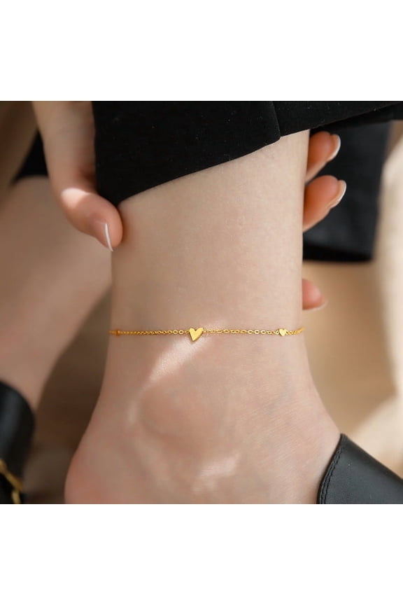 Minimalist 14K Yellow Gold Heart Chain Cuff Bracelet Bangle For Women New Stacked Anklet Stacked Waterproof Love Jewelry Gift