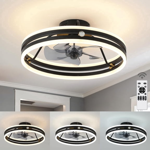 Minimalist 19.7 in. Double Ring LED Ceiling Fan with Remote 3 CCT Selectable Dimmable Flush Mount Black Finish