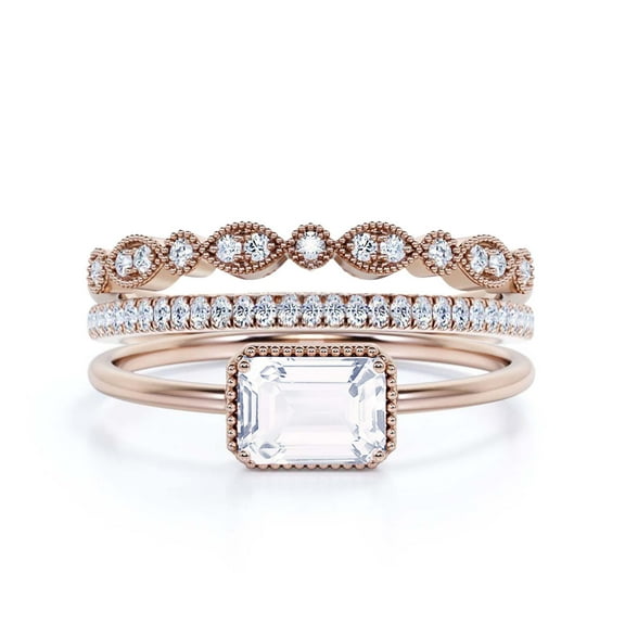 Minimalist 2.00 Carat Emerald Cut Diamond Moissanite Engagement Ring, Wedding Ring in 925 Sterling Silver With 18k Rose Gold Plating, Gift For Her, Promise Ring, Anniversary Ring, Trio Rings Set