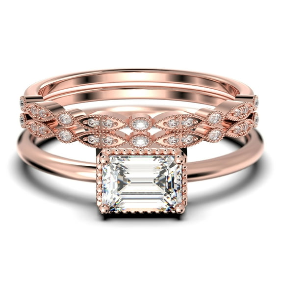 Minimalist 2.00 Carat Emerald Cut Diamond Moissanite Engagement Ring, Wedding Ring in 925 Sterling Silver With 18k Rose Gold Plating, Promise Ring, Anniversary Ring, Trio Rings Set