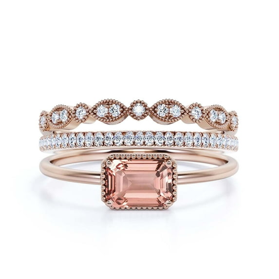 Minimalist 2.00 Carat Emerald Cut Morganite And Diamond Moissanite Engagement Ring, Wedding Ring in 10k Solid Rose Gold, Gift For Her, Promise Ring, Anniversary Ring, Trio Rings Set
