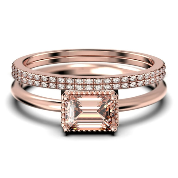 Minimalist 2.00 Carat Emerald Cut Morganite And Diamond Moissanite Engagement Ring, Wedding Ring in 925 Sterling Silver With 18k Rose Gold Plating, Promise Ring, Anniversary Ring, Trio Rings Set