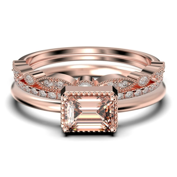 Minimalist 2.00 Carat Emerald Cut Morganite And Diamond Moissanite Engagement Ring, Wedding Ring in 925 Sterling Silver With 18k Rose Gold Plating, Promise Ring, Anniversary Ring, Trio Rings Set