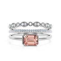 Minimalist 2.00 Carat Emerald Cut Morganite And Diamond Moissanite Engagement Ring, Wedding Ring in 925 Sterling Silver With 18k White Gold Plating, Promise Ring, Anniversary Ring, Trio Rings Set