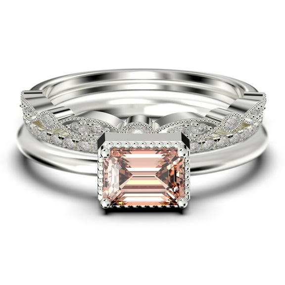 Minimalist 2.00 Carat Emerald Cut Morganite And Diamond Moissanite Engagement Ring, Wedding Ring in 925 Sterling Silver With 18k White Gold Plating, Promise Ring, Anniversary Ring, Trio Rings Set