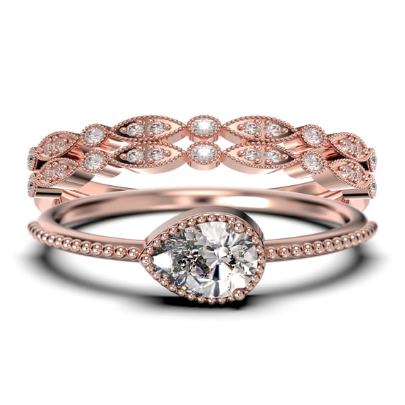 Minimalist 2.10 Carat Pear Cut Diamond Moissanite Classic Engagement Ring, Modern Wedding Ring In 10K Solid Rose Gold, Promise Ring, Dainty Ring, Anniversary Ring, Trio Rings Set