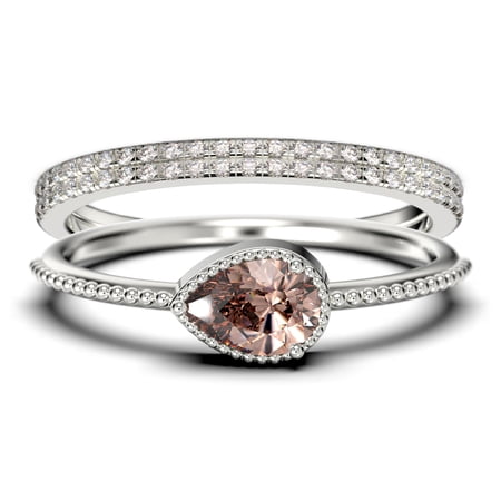 Trio 2.10 Carat Pear Cut Morganite & Moissanite Bridal Set in 10k White Gold