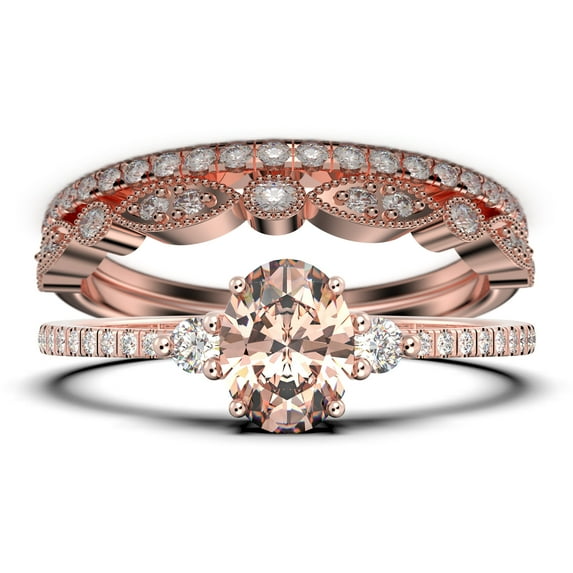 Minimalist 2.25 Carat Oval Cut Simplistic Morganite And Diamond Moissanite Engagement Ring, Classic Wedding Ring in 925 Sterling Silver With 18k White Gold Plating, Promise Ring, Trio Set