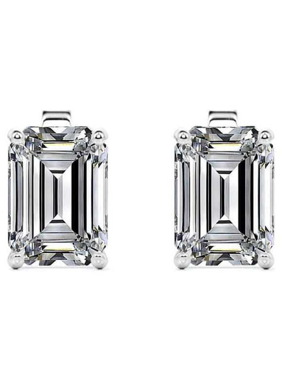 Minimalist 2 Carat Emerald Cut Moissanite Solitaire Stud Earrings In 18K White Gold Plating Over Silver