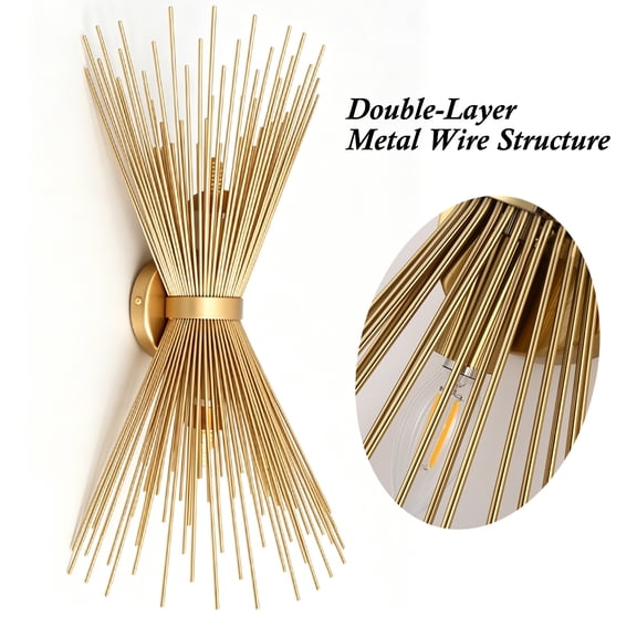 Minimalist 2-Light Gold Leaf Wall Sconce, Double-layer Metal Wire Structure, Luxury Brushed Brass Texture, Warm Glow Ambient Home Lighting