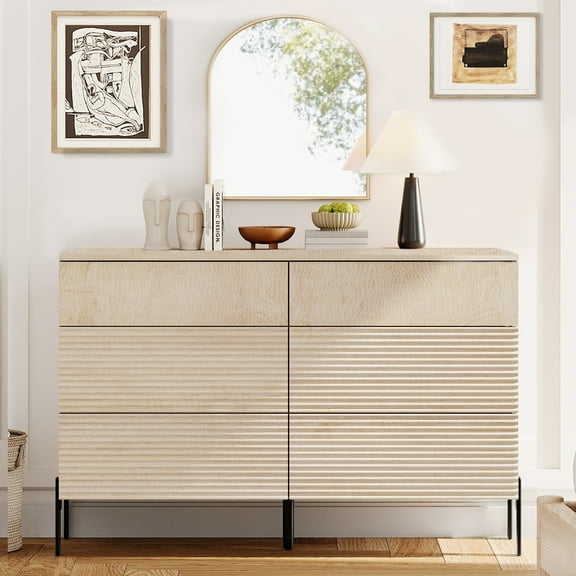 Minimalist 6-Drawer 47.2" W Rectangular Dresser With Reeded Details And Double-Stick Leg Design