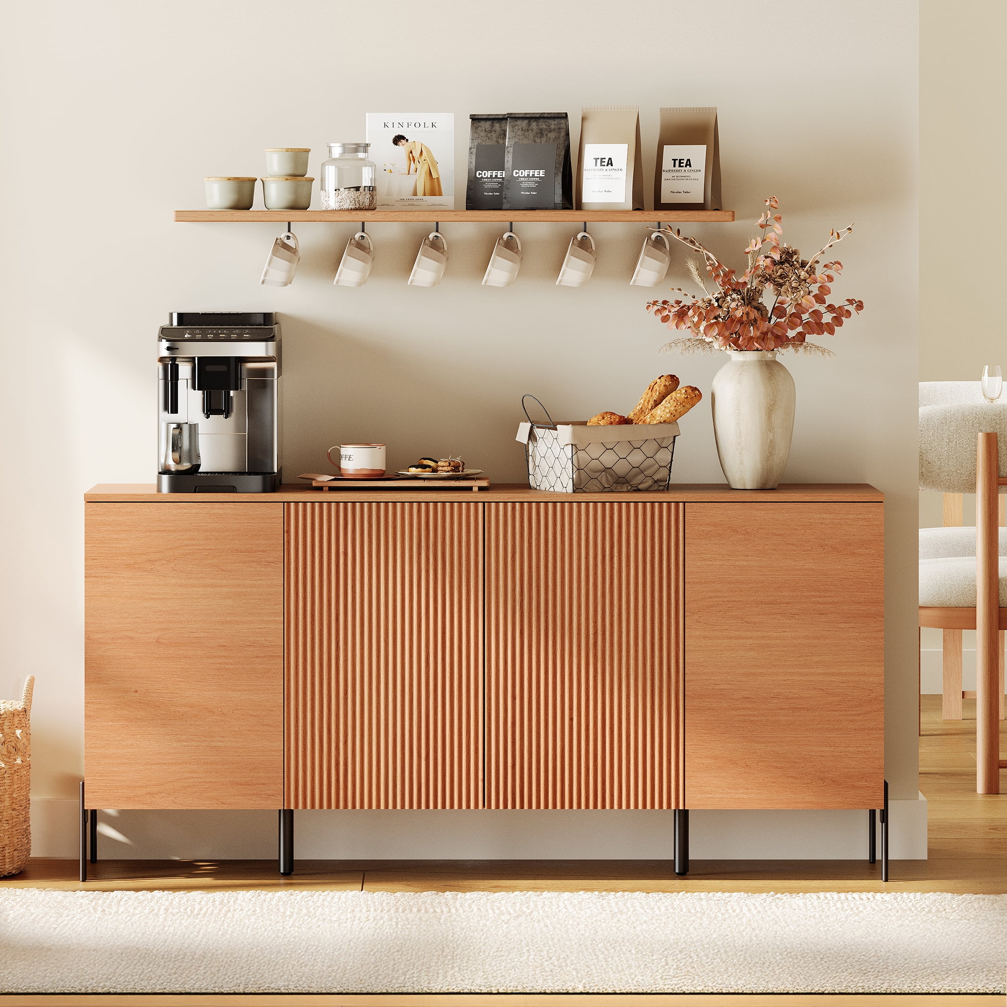 61" Minimalist 4-Door Sideboard With Rectangular Geometric Design And Double Chopstick Leg Base