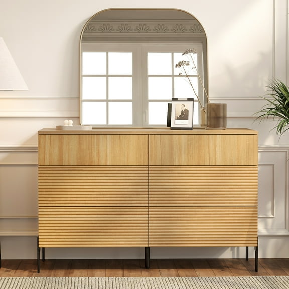Minimalist 6-Drawer 47.2" W Rectangular Dresser With Reeded Details And Double-Stick Leg Design