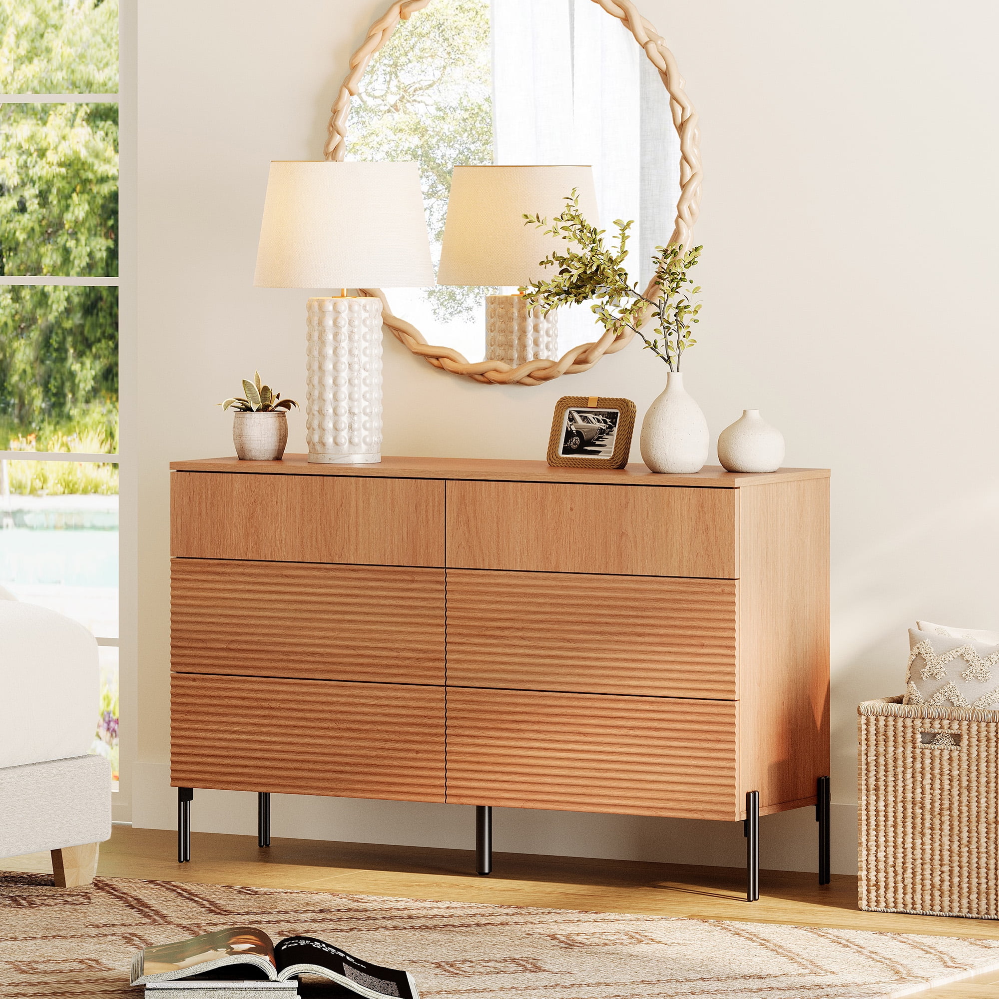Minimalist 6-Drawer 47.2" W Rectangular Dresser With Reeded Details And Double-Stick Leg Design