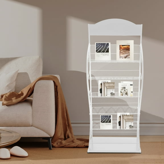 Minimalist 6-Tier Magazine Rack with Anti-Drop Baffle and Non-Slip Foot Pads, Modern Gray and White Design, Easy to Assemble and Use for Organization