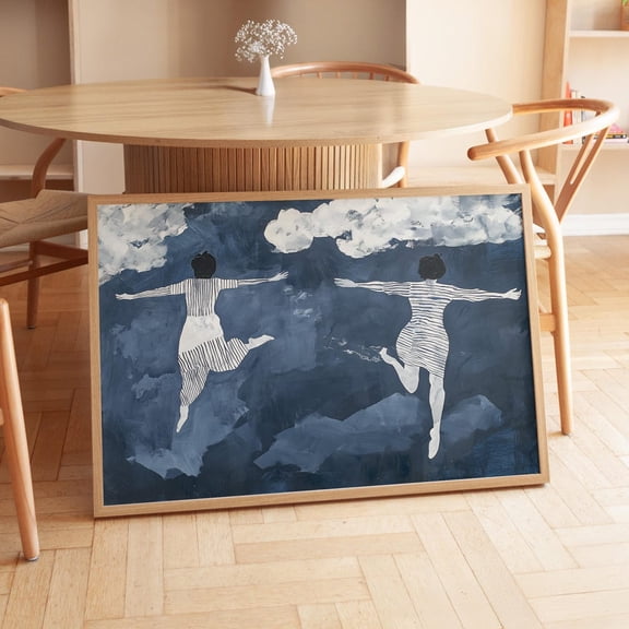 Minimalist Abstract Art Print Two Women Flying Dreamy Night Sky Cloudscape Contemporary Blue And White Silhouette Striped Art Wall Art, Modern Wall Decor, 8x12 UNFRAMED