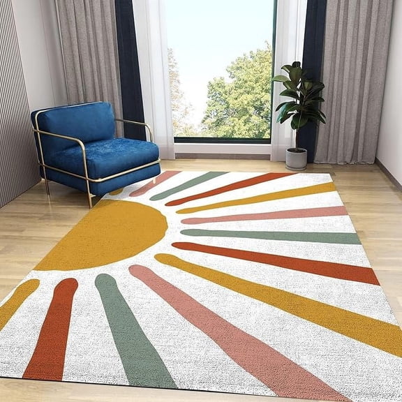 Minimalist Abstract Bohemian Sunshine Area Rug, Modern Painting Sunrise Geometric Line Art Indoor Rugs, Machine Washable Breathable Durable Carpet For Front Entrance Floor Decor 3' x 4'