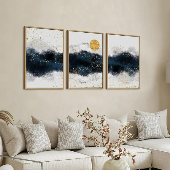 Minimalist Abstract Boho Wall Art - Natural Framed Abstract Canvas Picture Flowing River Painting Artwork Modern Geometric Canvas Prints for Home Office Wall Decor 24" x 36" * 3 Grey Black Tan