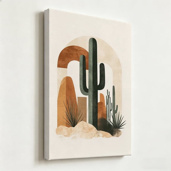 Minimalist Abstract Desert Cactus Canvas Wall Art, Mid-Century Modern Boho Geometric Landscape Matte Finish Gallery Wrapped, Neutral Southwest Decor 8*12