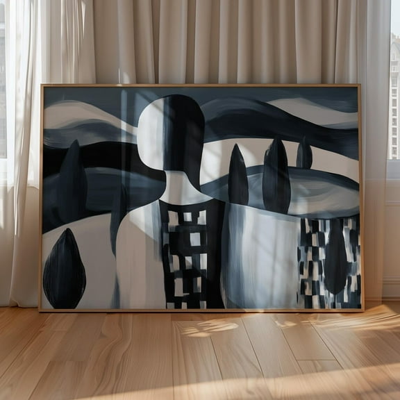 Minimalist Abstract Figure Art, Black And White Faceless Portrait, Geometric Landscape Print, Modern Surreal, Boho Brush Wall Art, Modern Wall Decor, 8x12 UNFRAMED