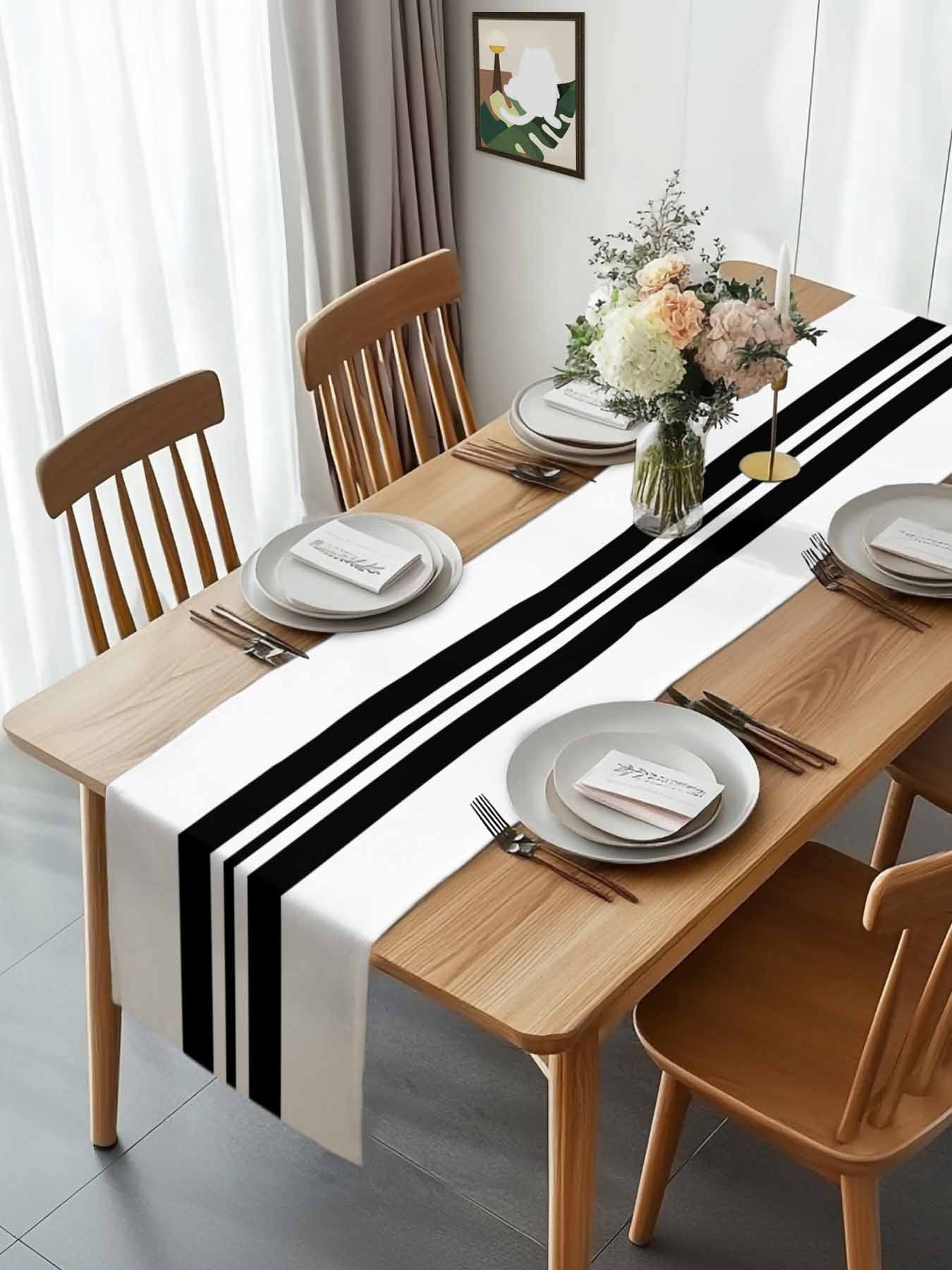 Minimalist Abstract Geometric Art Table Runner 90 Inches Long, Black Line Stripes on White Table Runners Tabletop Scarf Kitchen Dining Tables Decoration for Home Party Indoor Outdoor