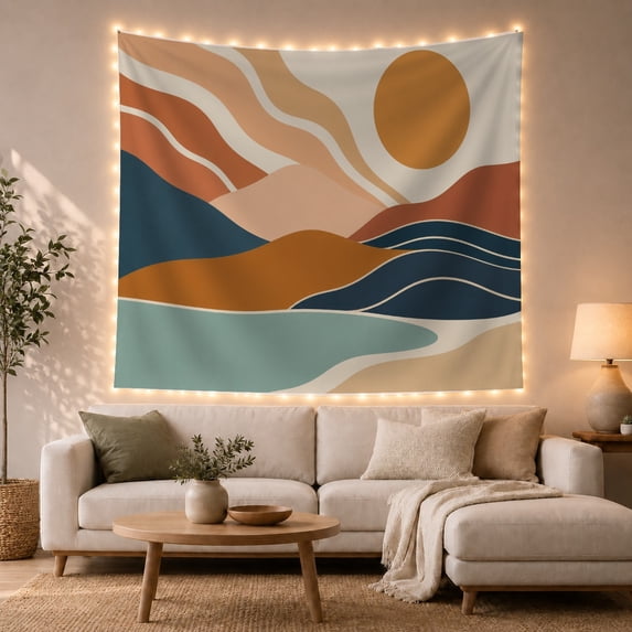 Minimalist Abstract Landscape with Ochre Sun Against Cream Background Serene Minimalist for Art Lovers Organic Wall Decor Housewarming Gift Tapestry Wall Hanging for Bedroom and Living Room